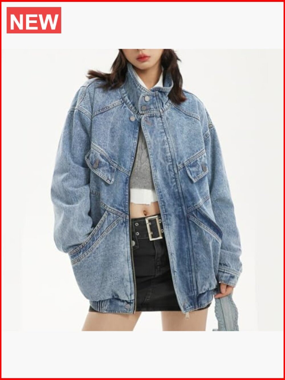 Oversized Stand Collar Shacket Jean Jacket Zip Up Distressed Frayed Denim Coat - Picture 2 of 7